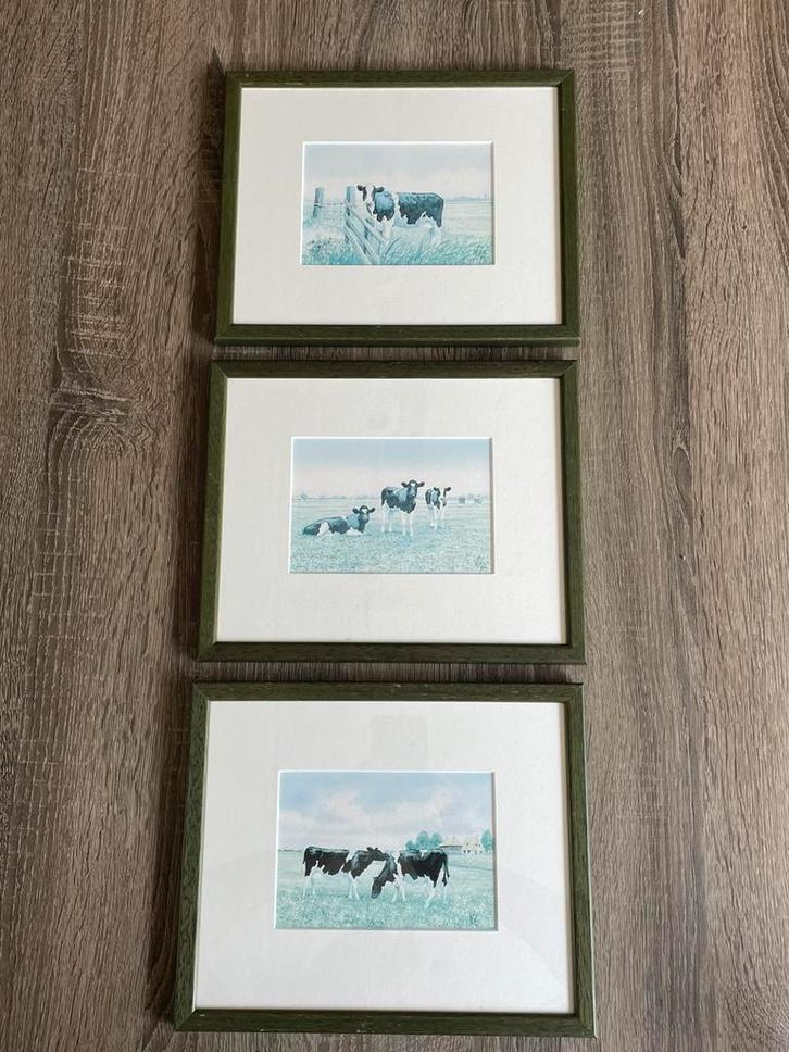 3x ingelijste prenten koeien in de weide - 22x29 cm, Huis en Inrichting, Woonaccessoires | Schilderijen, Tekeningen en Foto's