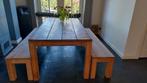 Mooie set! Teakhouten eettafel met twee banken, Huis en Inrichting, Tafels | Eettafels, Ophalen, Teakhout, 200 cm of meer, 50 tot 100 cm