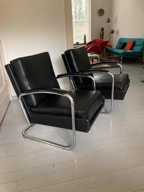2 Vintage Jaren '30 Thonet K 410 Chroom Fauteuils Zwart, Huis en Inrichting, Fauteuils, Zo goed als nieuw, Leer, Metaal, 50 tot 75 cm
