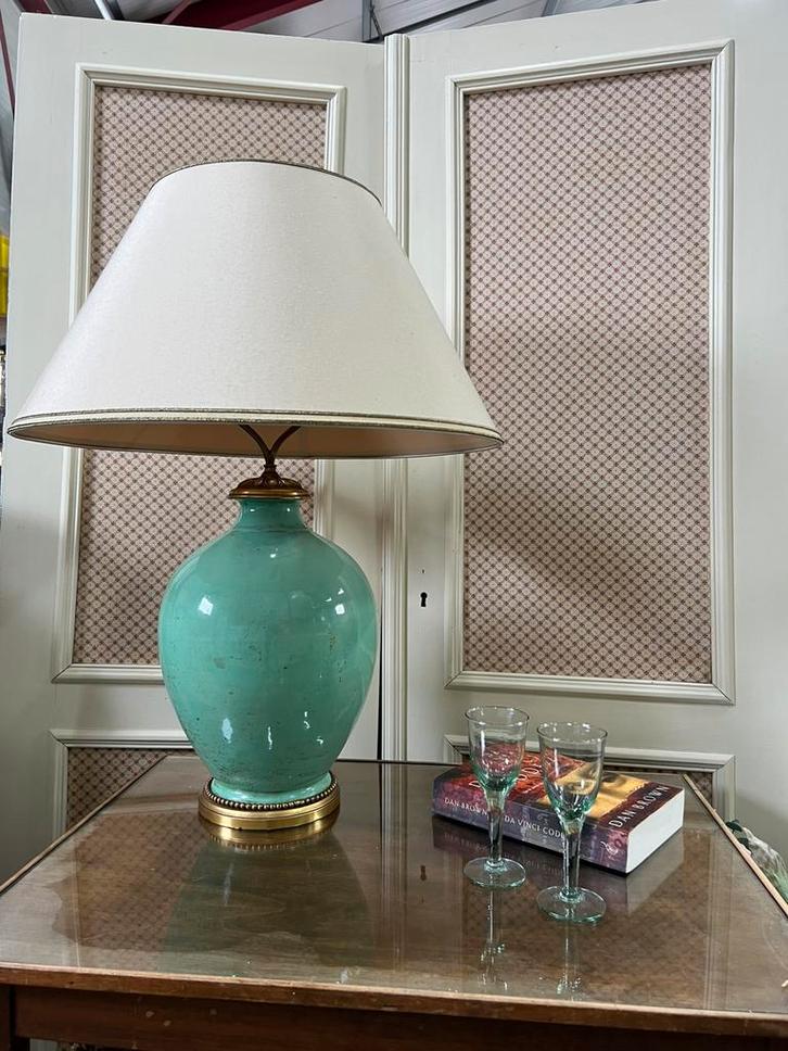 Vintage antieke turquoise tafellamp met klassieke kap, Huis en Inrichting, Lampen | Tafellampen, Zo goed als nieuw, Ophalen of Verzenden