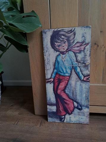 Vintage schilderij hardboard meisje broek/trui/sjaal 48-22cm beschikbaar voor biedingen