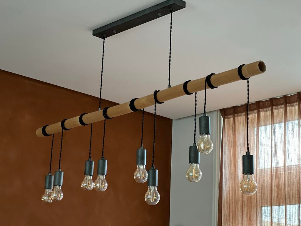Hanglamp met houten balk en 9 lampen, Huis en Inrichting, Lampen | Hanglampen, Ophalen, Zo goed als nieuw, Hout, Minder dan 50 cm