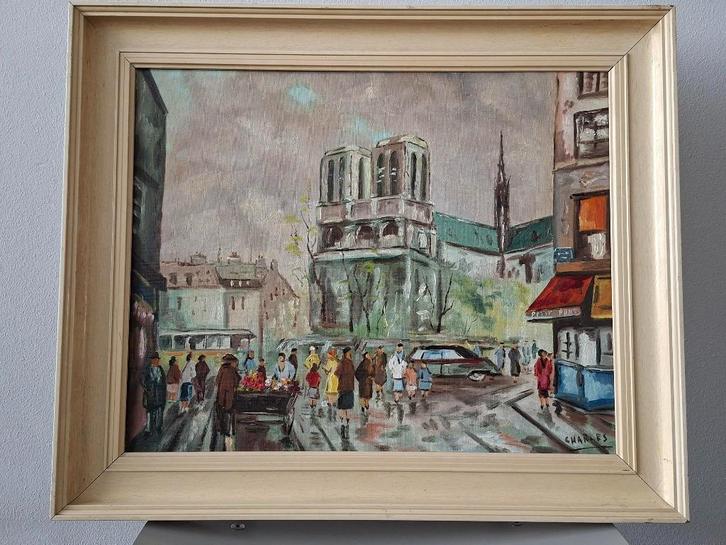 vintage schilderij stadgezicht Parijs jaren 50-60 gesigneerd, Antiek en Kunst, Kunst | Schilderijen | Klassiek, Ophalen of Verzenden