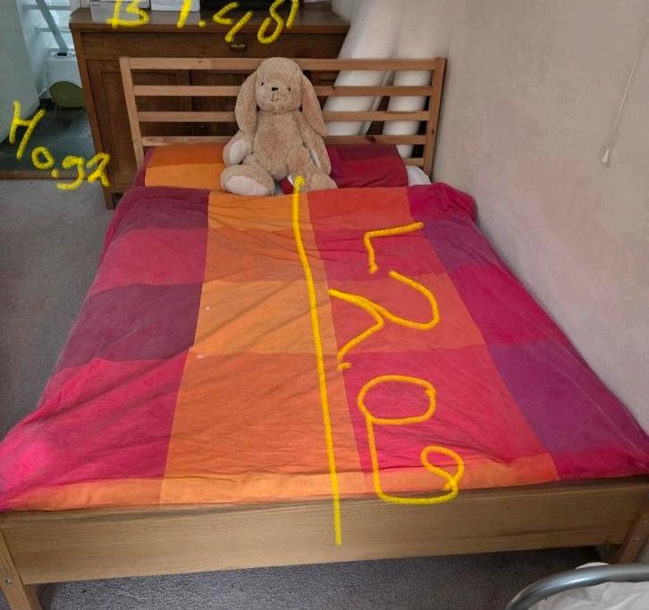 2 persoonsbed, Huis en Inrichting, Slaapkamer | Bedden, Gebruikt, Tweepersoons, 140 cm, 190 cm of minder, Hout, Bruin, Ophalen of Verzenden