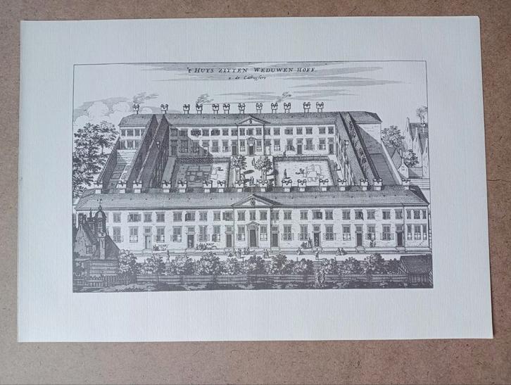 Oude prent: 't Huys Zitten Weduwen Hoff De Cathuysers, Antiek en Kunst, Kunst | Etsen en Gravures, Ophalen of Verzenden