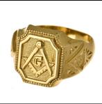 Gouden zegelring 14K met alziend oog en vrijmetselarij teken, 20 of groter, Heer, Ophalen of Verzenden, Zo goed als nieuw