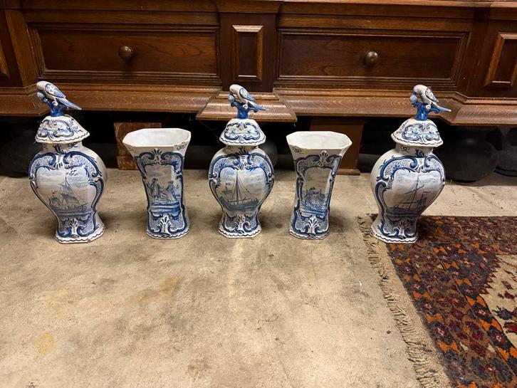 Antiek Delfts Blauw Kaststel 5-delig, Antiek en Kunst, Antiek | Vazen, Ophalen of Verzenden