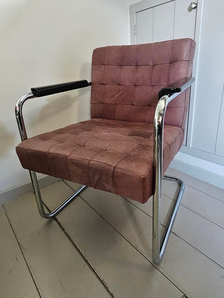 Vintage Leren Fauteuil Crack by Machalke Chromen Frame, Huis en Inrichting, Fauteuils, Ophalen, Gebruikt, Minder dan 75 cm, Vintage