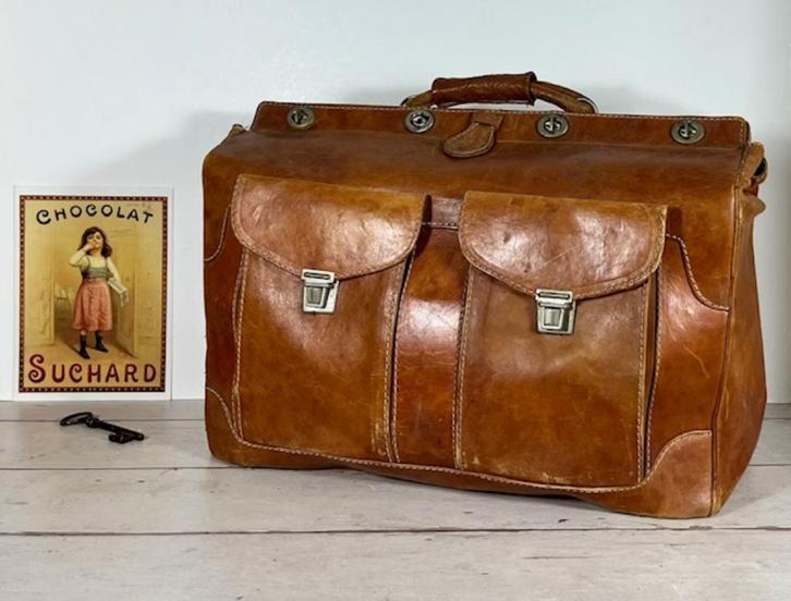 Antieke grote leren Franse dokterstas met 2 voorvakken, Antiek en Kunst, Curiosa en Brocante, Ophalen of Verzenden