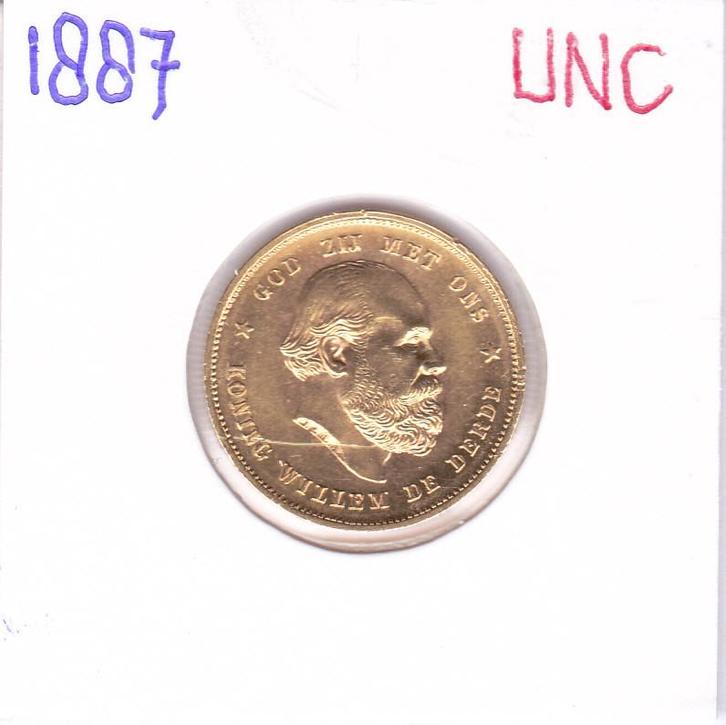 Schaars gouden tientje 1887 Willem 3 UNC (krasje), Postzegels en Munten, Munten | Nederland, Losse munt, 10 gulden, Koning Willem III