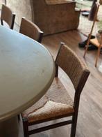 4 vintage stoelen – wengé hout & gevlochten zitting, Huis en Inrichting, Stoelen, Ophalen, Gebruikt, Bruin, Riet of Rotan