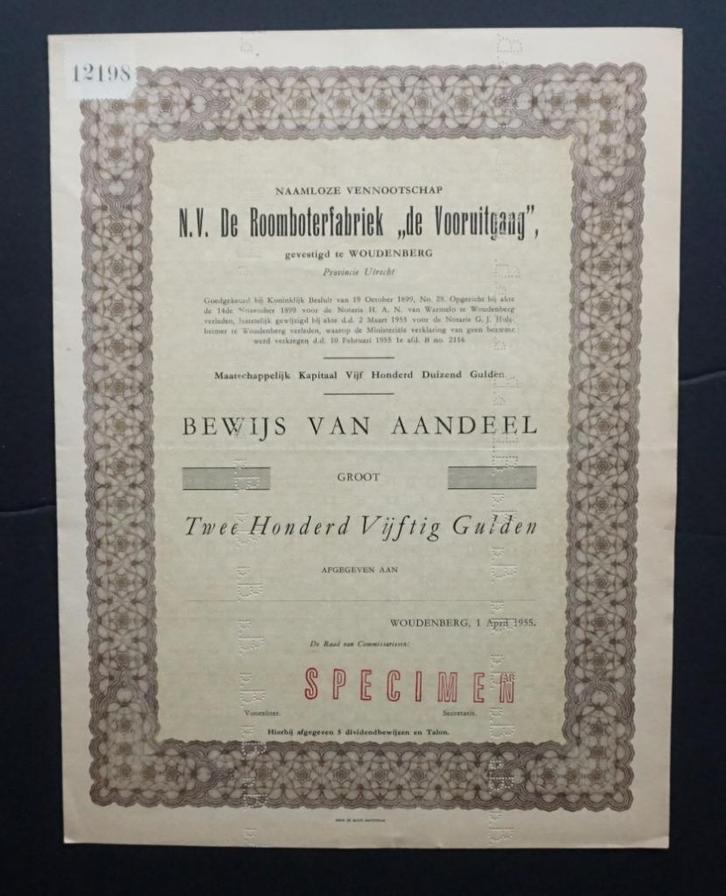De Roomboterfabriek "De Vooruitgang" - Woudenberg 1955, Postzegels en Munten, Aandelen en Waardepapieren, Aandeel, 1950 tot 1970