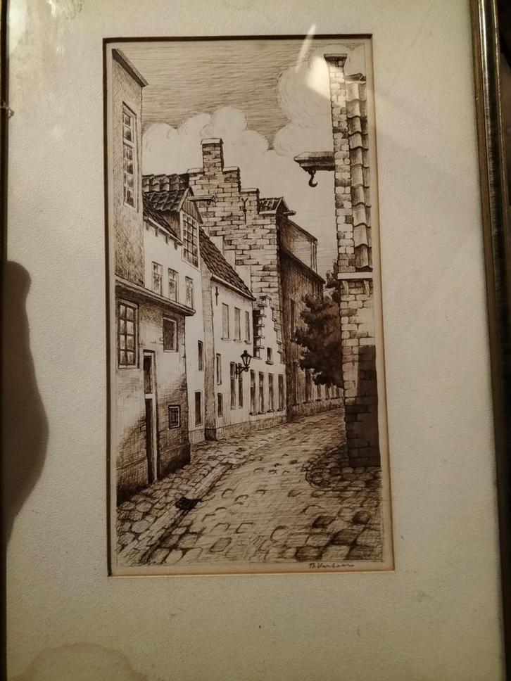 Oude Straat Tekening T. Verhaar, Antiek en Kunst, Kunst | Etsen en Gravures, Ophalen of Verzenden