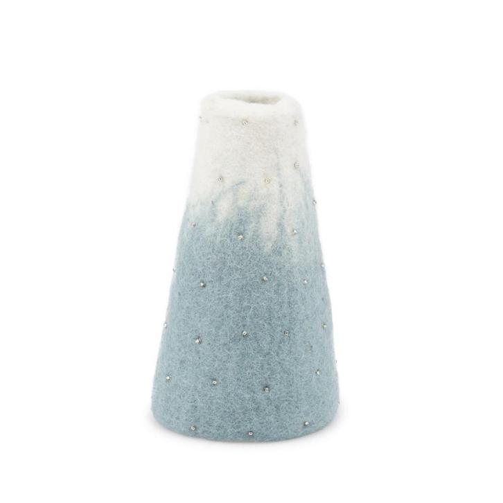 wit met ijsblauwe vilten vaas 9 x 18 cm leuk als kado, Huis en Inrichting, Woonaccessoires | Vazen, Nieuw, Blauw, Minder dan 50 cm