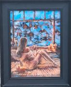 Sexy young staring at frozen window.  Sign. 40/50 cm., Antiek en Kunst, Ophalen