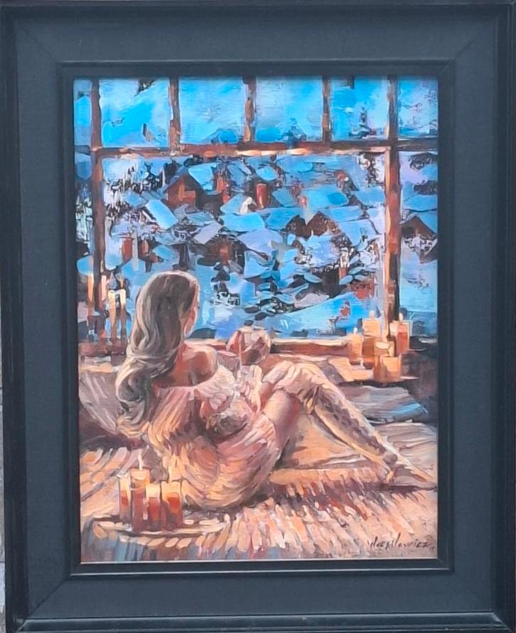 Sexy young staring at frozen window.  Sign. 40/50 cm., Antiek en Kunst, Kunst | Schilderijen | Klassiek, Ophalen