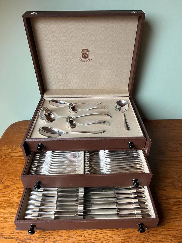Verzilverde bestekcassette Wellner 12 persoons 122-delig, Antiek en Kunst, Antiek | Bestek, Ophalen of Verzenden