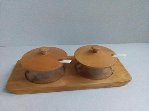 Tafelsetje. Vintage. Hout/glas.Schaaltjes jam/zoet., Antiek en Kunst, Curiosa en Brocante, Ophalen of Verzenden