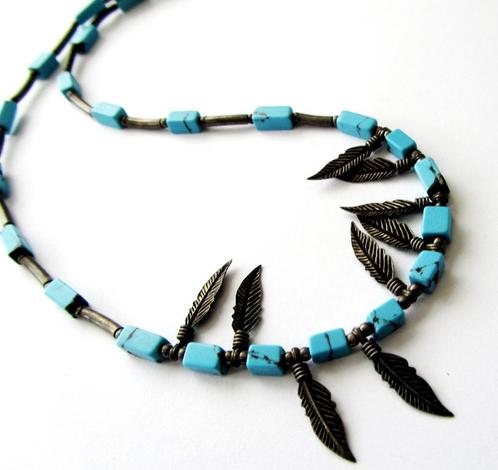 Prachtige zilveren Turquouse ketting met 9 x Wings hangers, Sieraden, Tassen en Uiterlijk, Antieke sieraden, Ketting, Zilver, Met edelsteen