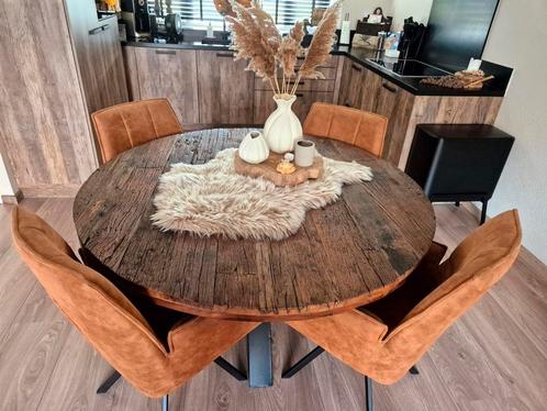 Ronde Wagonhouten Eettafel - Uniek Pronkstuk!, Huis en Inrichting, Tafels | Eettafels, Zo goed als nieuw, 100 tot 150 cm, 100 tot 150 cm