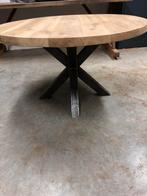Eikenhouten tafel 130cm, spinpoot staal  blad 45mm maatwerk, Rond, 200 cm of meer, Ophalen of Verzenden, Zo goed als nieuw