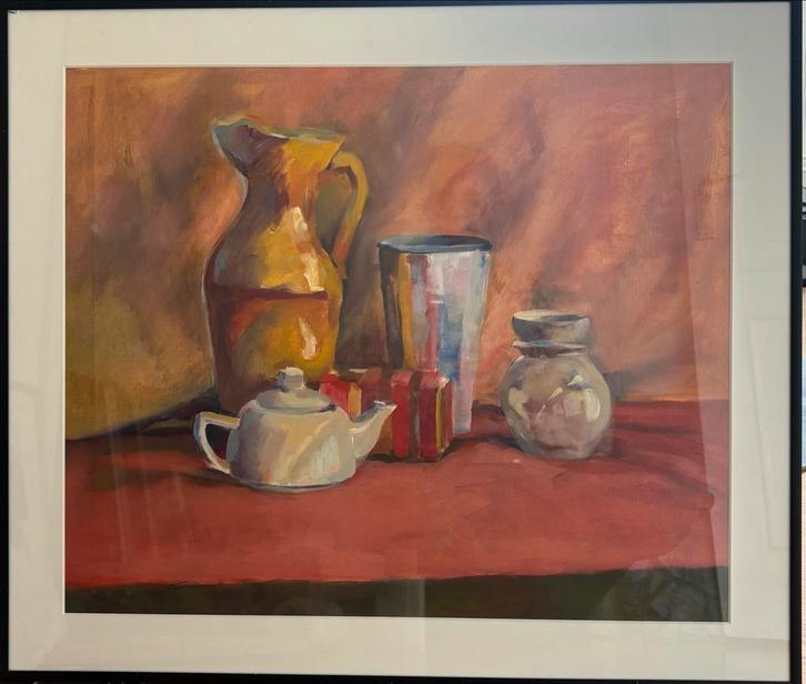 Stilleven met Kan, Theepot en Glas - Klassiek Schilderij Ing, Antiek en Kunst, Kunst | Schilderijen | Klassiek, Ophalen of Verzenden