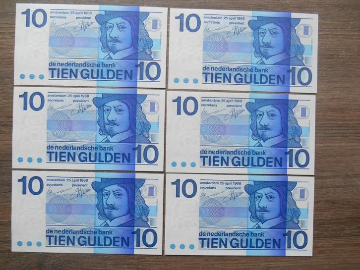 10 gulden biljetten 6x Nederland Frans Hals UNC opeenvolgend, Postzegels en Munten, Bankbiljetten | Nederland, Setje, 10 gulden