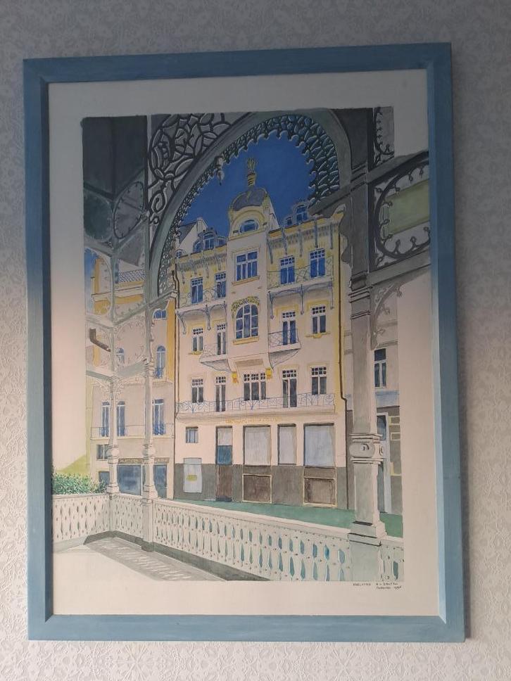 Originele Tekening Karlovy Vary Markt Colonnade, Antiek en Kunst, Kunst | Tekeningen en Foto's, Ophalen of Verzenden