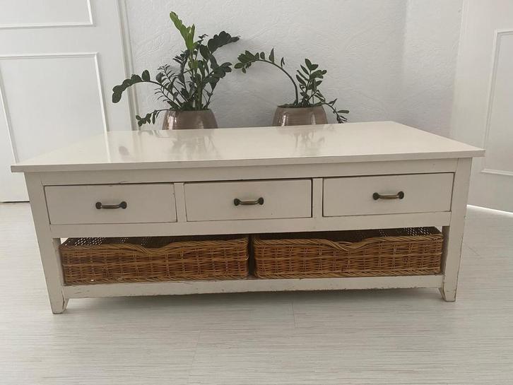Landelijke salontafel met lade & manden, Huis en Inrichting, Tafels | Salontafels, Gebruikt, Minder dan 50 cm, 50 tot 100 cm, 100 tot 150 cm