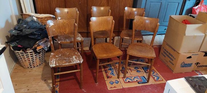 6x Vintage houten eetkamer stoeltjes, Huis en Inrichting, Stoelen, Gebruikt, Vijf, Zes of meer stoelen, Hout, Bruin, Ophalen