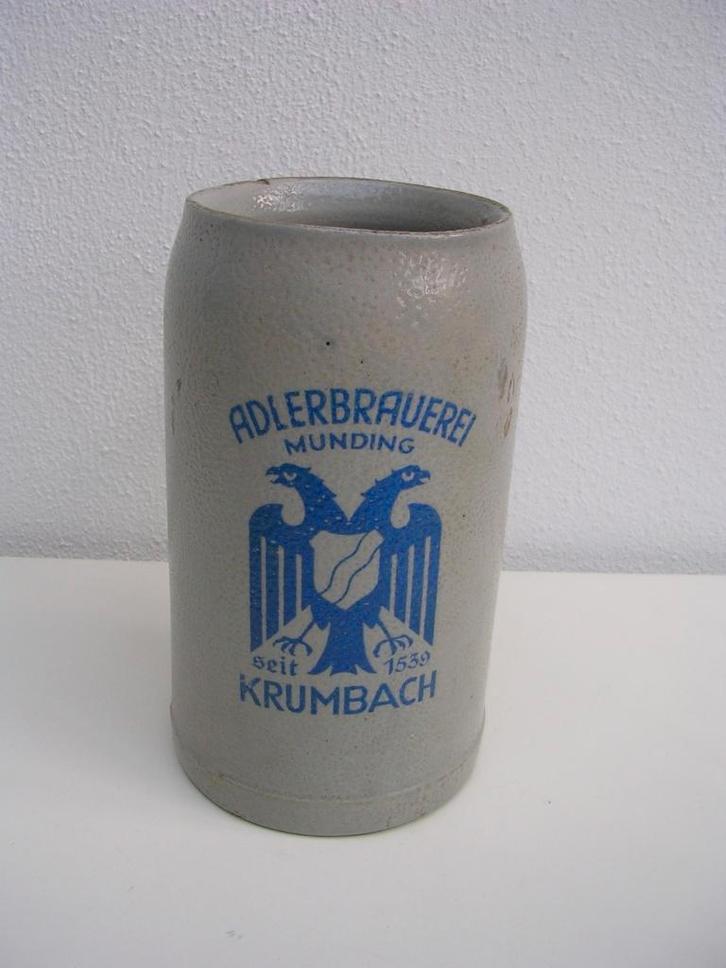 Duitse bierpul kruik pint 1L Adlerbrauerei Munding Krumbach, Verzamelen, Biermerken, Gebruikt, Pul(len), Overige merken, Ophalen of Verzenden