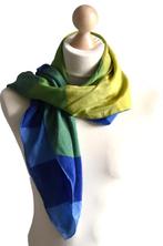 Vintage designer foulard, zijde shawl, blauw/groen/geel, Verzenden, Maat 46/48 (XL) of groter, Zo goed als nieuw, Sjaal