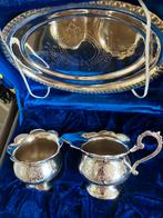 Antiek verzilverd servies delen met kristal o.a. roomstel, Ophalen of Verzenden, Zilver
