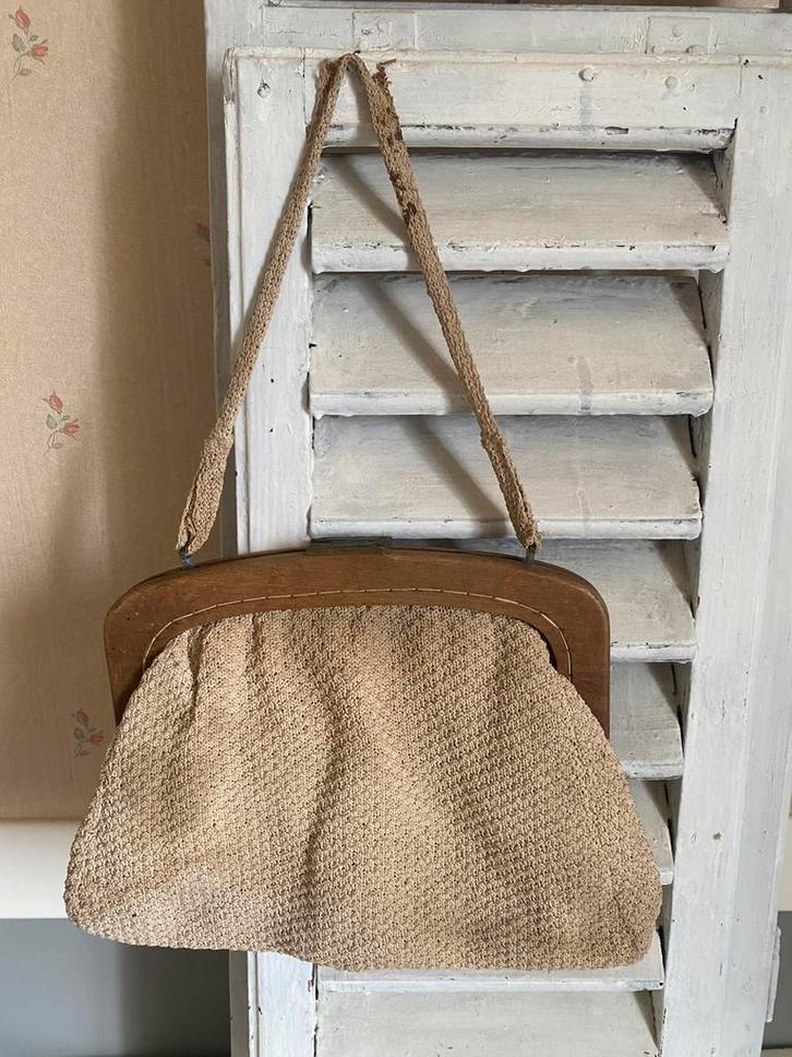Oude Franse tas, van katoen (gehaakt)hout en jute, Antiek en Kunst, Antiek | Kleding en Accessoires, Ophalen of Verzenden