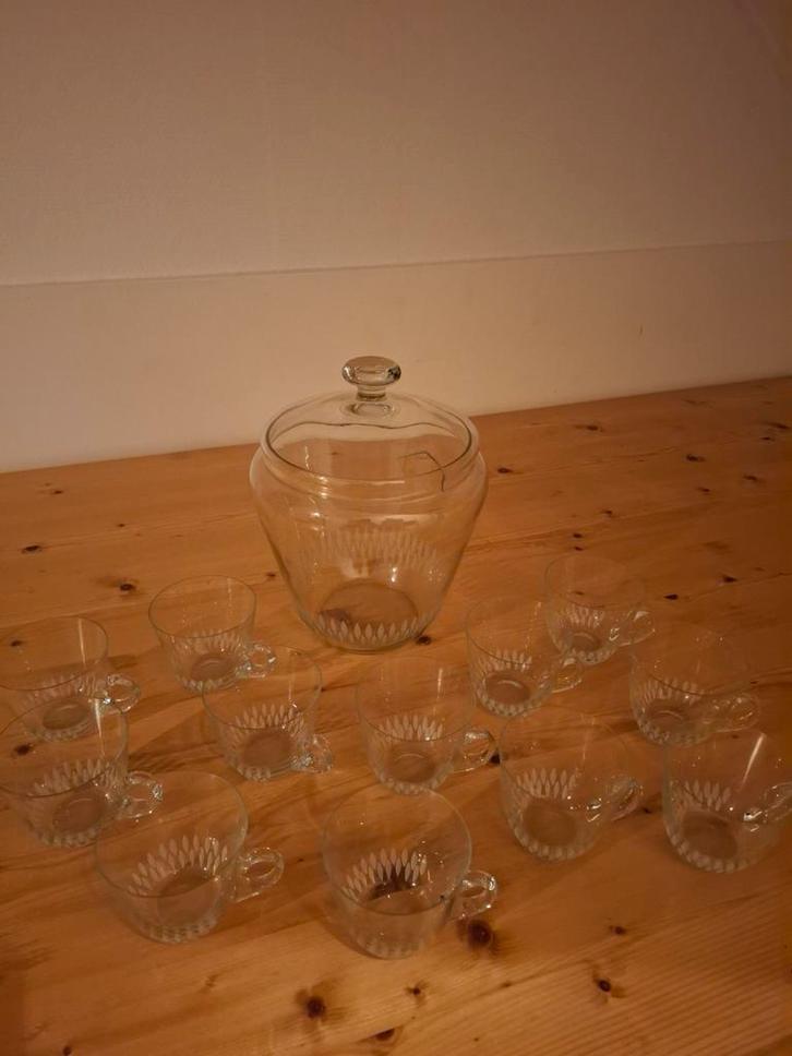 Vintage Glazen Set met Oor & Geslepen Glas, Huis en Inrichting, Keuken | Servies, Gebruikt, Glas of Glazen, Overige stijlen, Glas