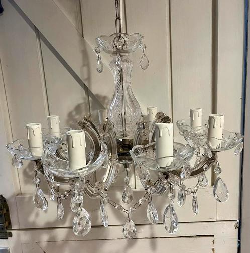 Klassieke stijl kroonluchter glas, 8 lichts, E14., Huis en Inrichting, Lampen | Hanglampen, Gebruikt, Minder dan 50 cm, Glas, Ophalen of Verzenden