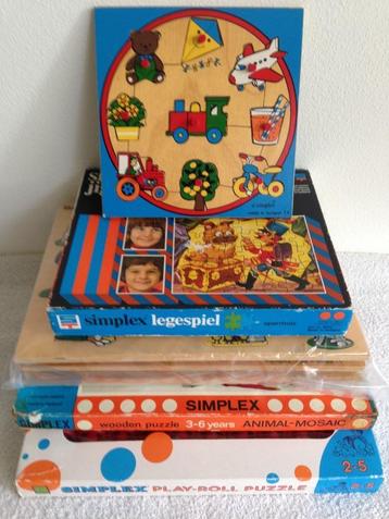 🧩6 Vintage SIMPLEX jaren 70 Houten Puzzels, 1 PLAY-ROLL. beschikbaar voor biedingen