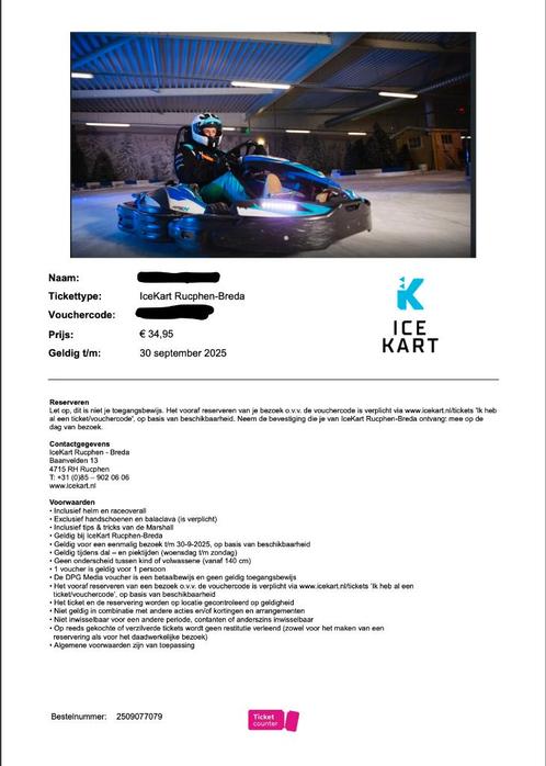Vouchers voor 2 sessies Icekart Ruchpen-Breda, Tickets en Kaartjes, Recreatie | Overige, Drie personen of meer, Ticket of Toegangskaart