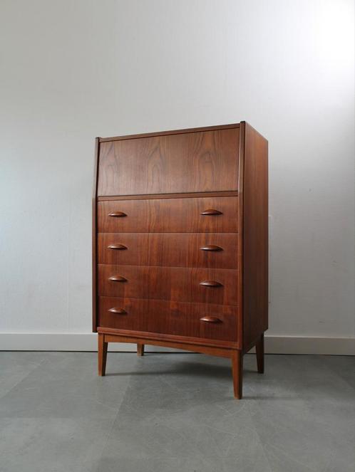 Vintage Deense ladekast in teak met klep en spiegel!, Huis en Inrichting, Kasten | Ladekasten, Zo goed als nieuw, 100 tot 150 cm