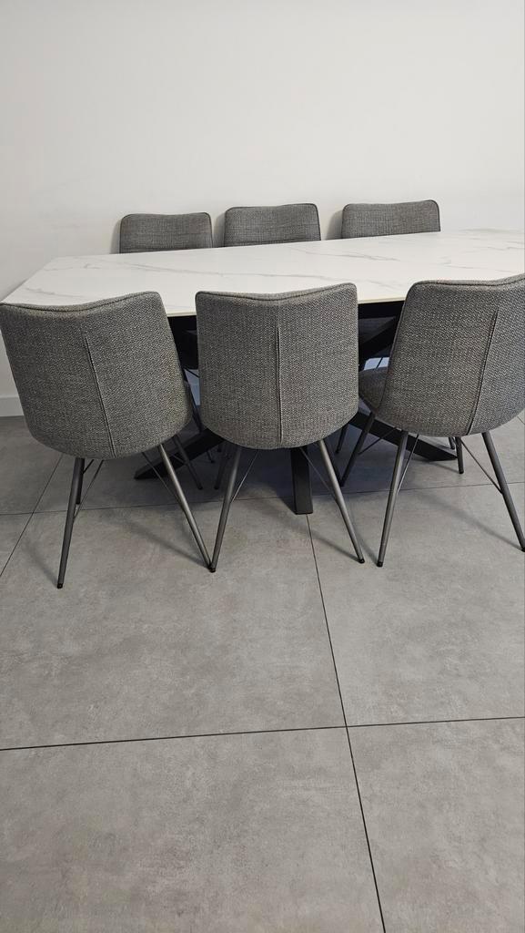 6 eetkamerstoelen (pas gereinigd), Huis en Inrichting, Stoelen, Zo goed als nieuw, Vijf, Zes of meer stoelen, Stof, Grijs, Ophalen
