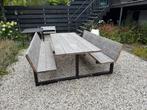 Douglas Houten picknicktafel met rugleuning zwart frame, Tuin en Terras, Picknicktafels, Ophalen, Gebruikt, Hout