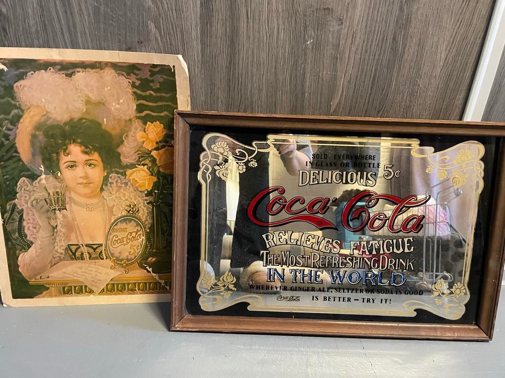 Vintage Coca-Cola Spiegel en Print, Antiek en Kunst, Antiek | Spiegels, Ophalen, Rechthoekig, 50 tot 100 cm, Minder dan 100 cm
