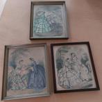 Drie antieke Franse modeprenten, ingelijst, Verzamelen, Foto's en Prenten, Ophalen of Verzenden, Voor 1940, Gebruikt, Prent