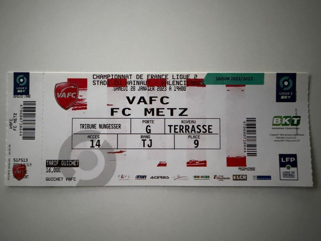 Ticket Valenciennes-FC Metz 22/23, Ophalen of Verzenden, Zo goed als nieuw, Buitenlandse clubs, Overige typen