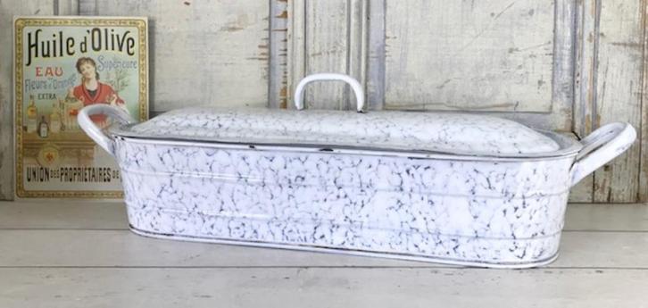 Grote Franse geëmailleerde vintage vispan wit blauw gewolkt, Antiek en Kunst, Antiek | Emaille, Ophalen of Verzenden