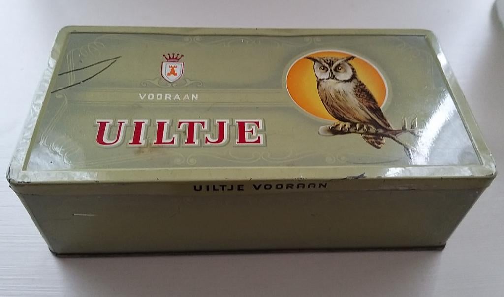 Antiek sigarenblik Uiltje Vooraan la Bolsa Kampen 50er jaren, Verzamelen, Ophalen of Verzenden, Gebruikt, Overige