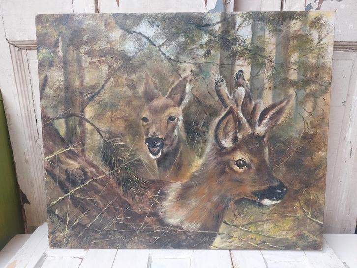 Schilderij reeën in een bosrijke omgeving, Antiek en Kunst, Kunst | Schilderijen | Klassiek, Ophalen of Verzenden