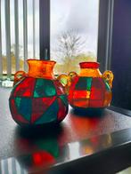 Set 2 x Vaas "Stained Painted Vase" Glas Rood Oranje 1970, Ophalen of Verzenden