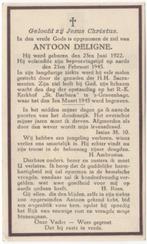 Antoon Deligne 1922 - 1945 Den Haag, 22 jaar oud, Verzamelen, Bidprentjes en Rouwkaarten, Verzenden