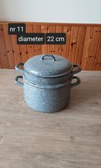 EMAILLE GRIJSGEWOLKTE STOOMPAN DIAMETER 22CM., Ophalen of Verzenden